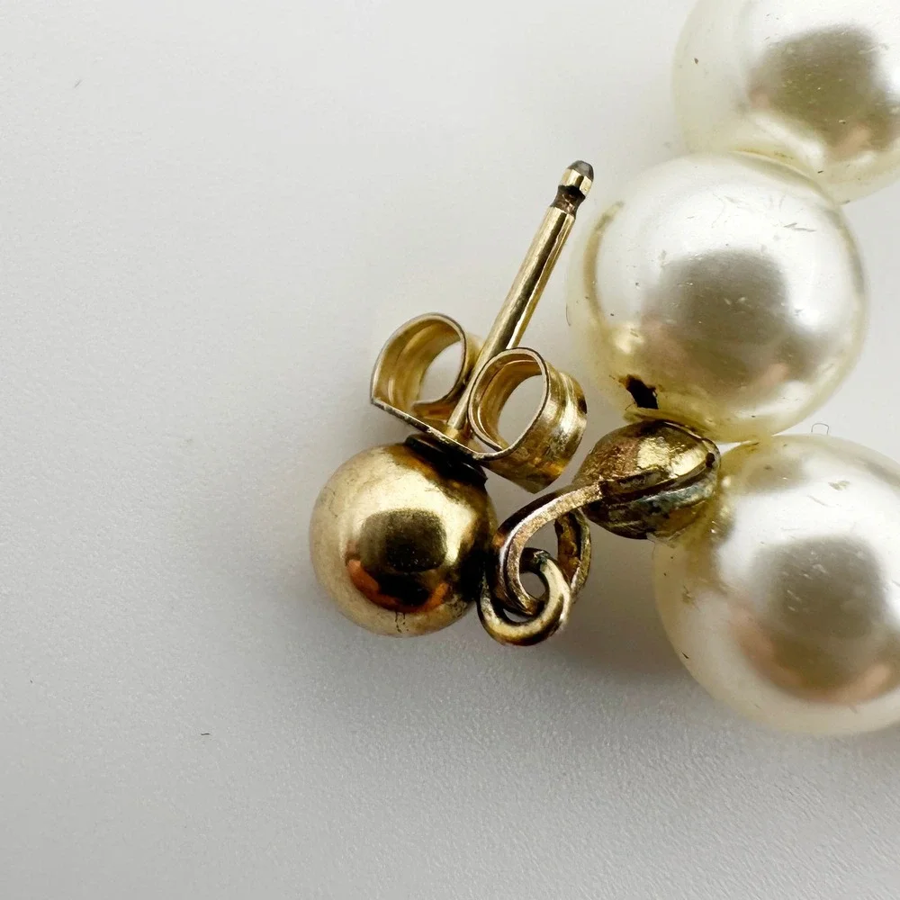 Vintage Faux Pearl Lapis Lazuli Bead Half Hoop Drop‎ Earrings Gold Tone